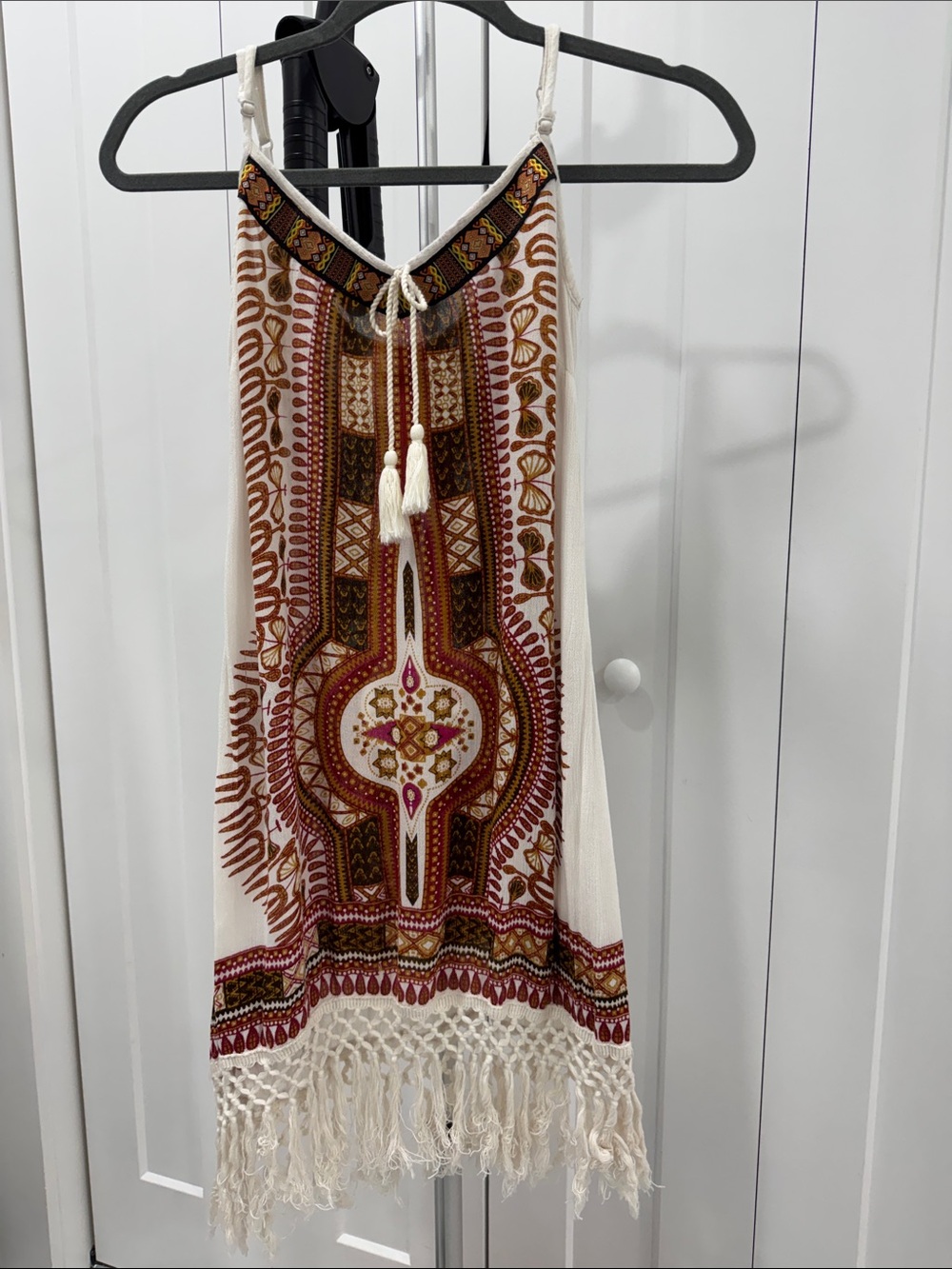 American Rag Boho Print Tie-Neck Dress in White, Brown & Rust